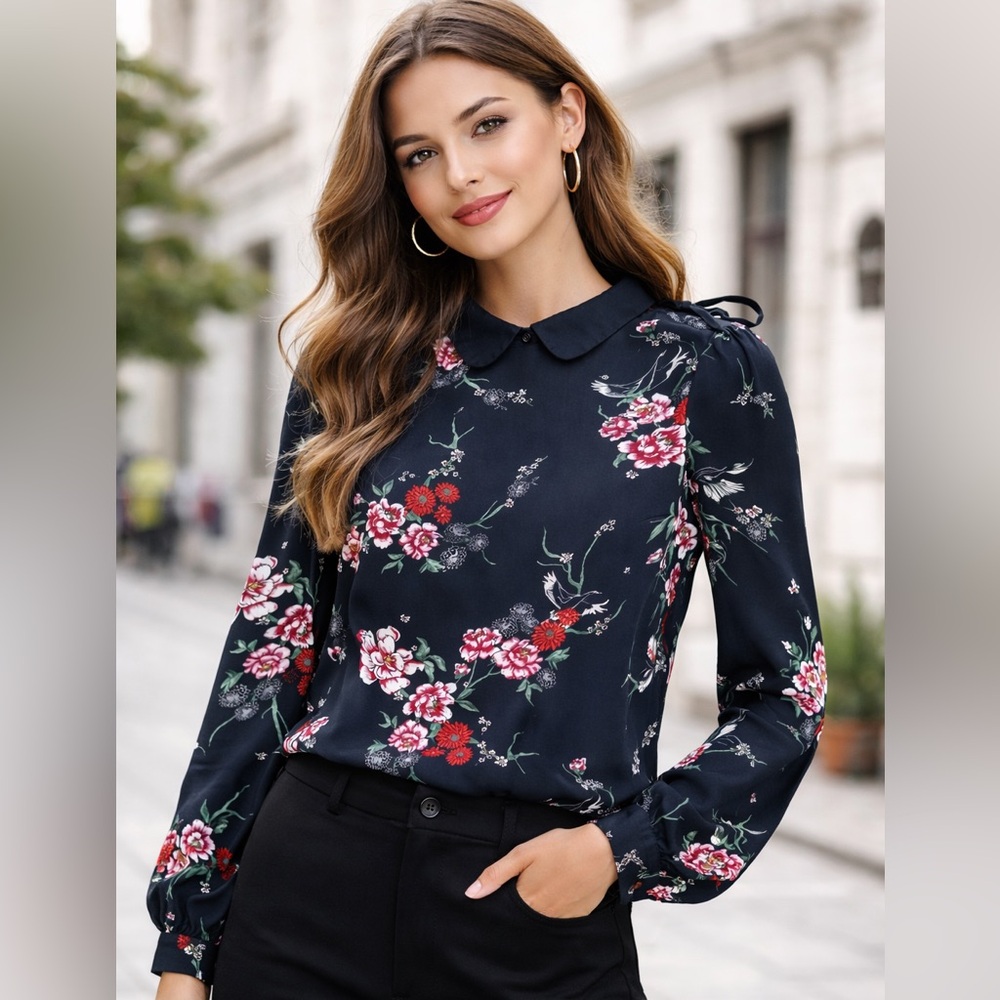 💖5 for $50💖H&M black and red pink roses Feminine Lightweight Sheer Blouse
